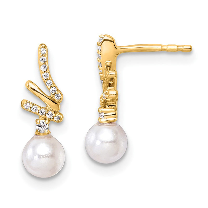 14K Yellow Gold Polished 1/10 carat Diamond and Freshwater Cultured Pearl Drop Post Earrings