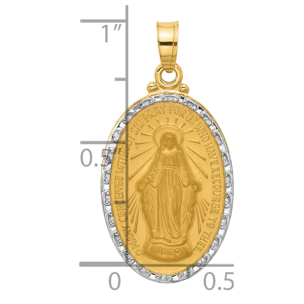 14K Yellow Gold and Rhodium Polished and Satin Solid Miraculous Medal Oval Pendant