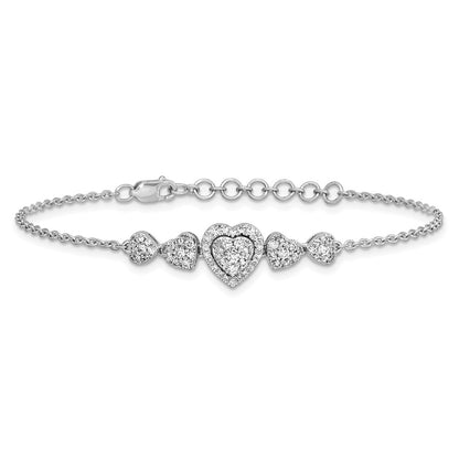 14K White Gold Polished Complete 5/8 carat Diamond Hearts 7 Inch Bracelet with 1 Inch Extender