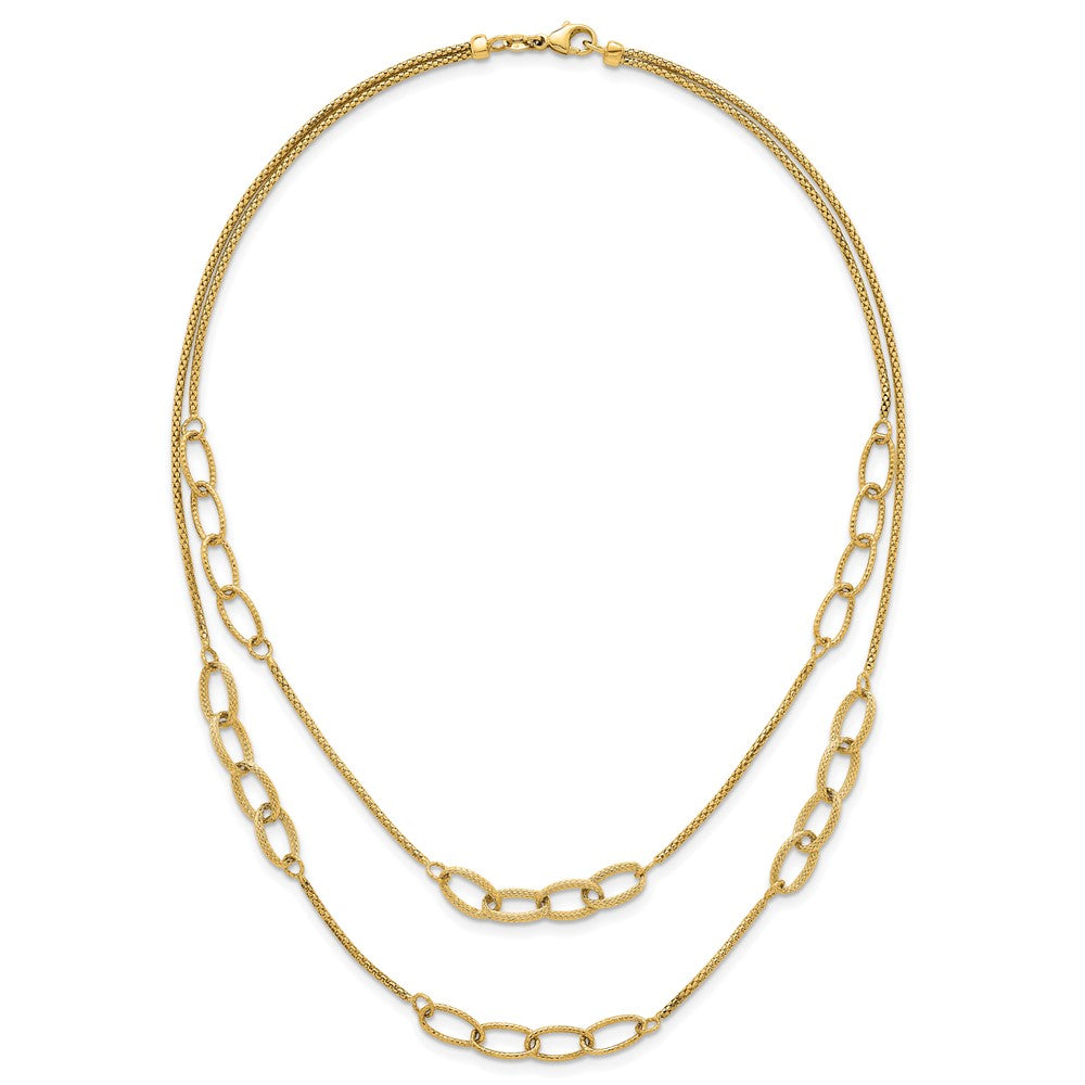 14K Yellow Gold Polished and Textured Woven Double Strand with Oval Links 17.5 Inch Necklace