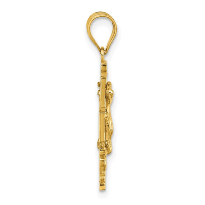 14K Yellow Gold Polished and Textured Cara Vaca Crucifix Pendant