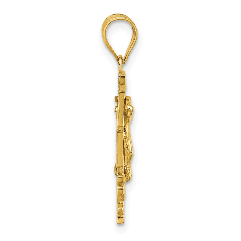 14K Yellow Gold Polished and Textured Cara Vaca Crucifix Pendant
