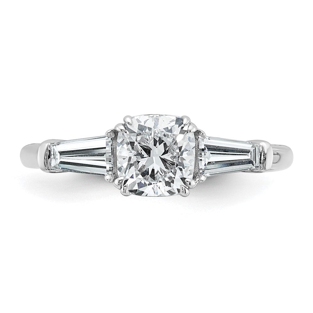 14K White Gold 1 1/2 carat Lab Grown Diamond VS+ F+ Cushion and Tapered Baguette Complete Three Stone Engagement Ring