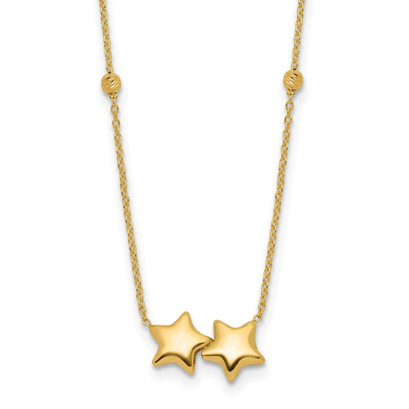 14K Yellow Gold Polished Double Star with Diamond-cut Beads 16 Inch Necklace Plus 2 Inch Extender