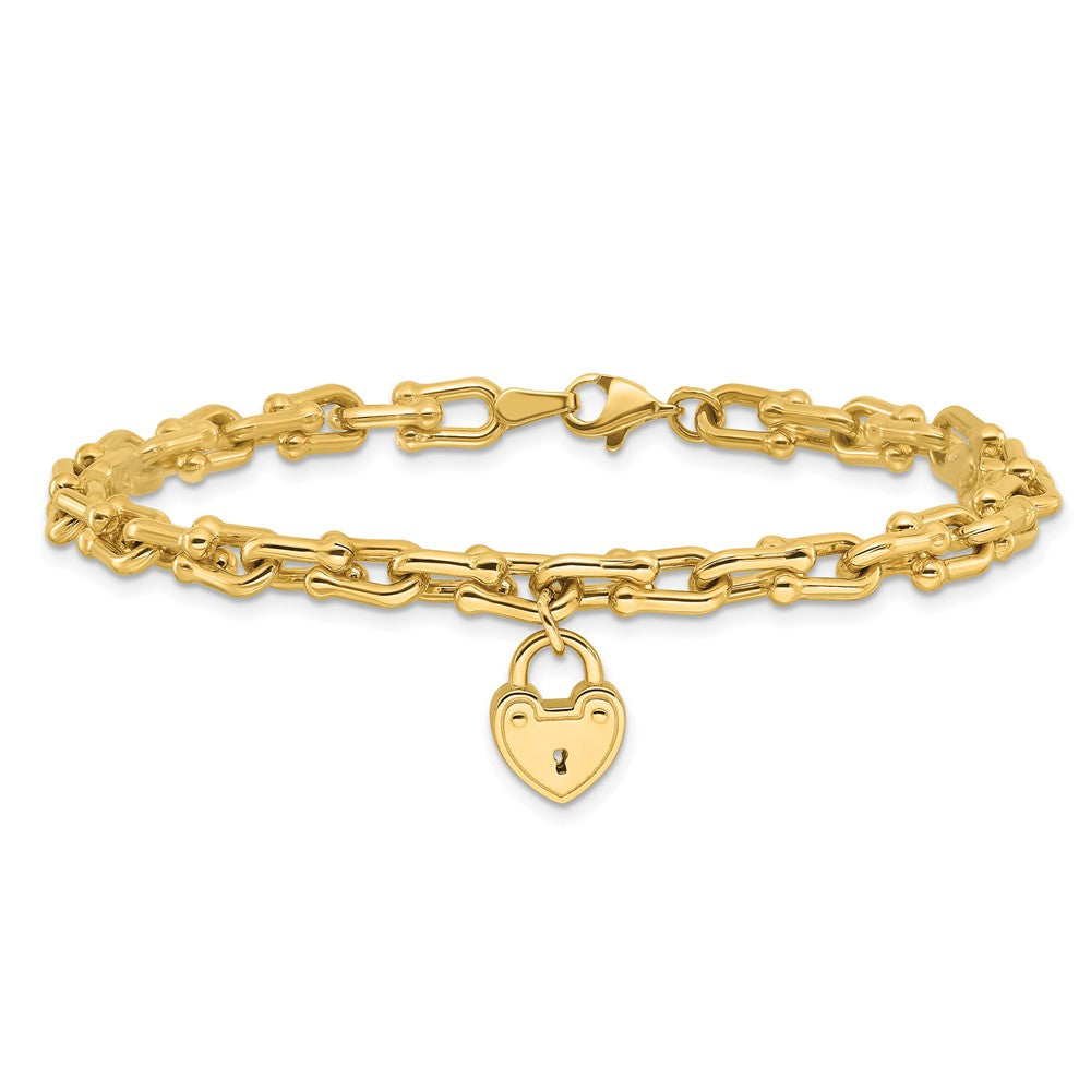 14K Yellow Gold Polished Heart Lock Charm Fancy Link 7.5 Inch Bracelet
