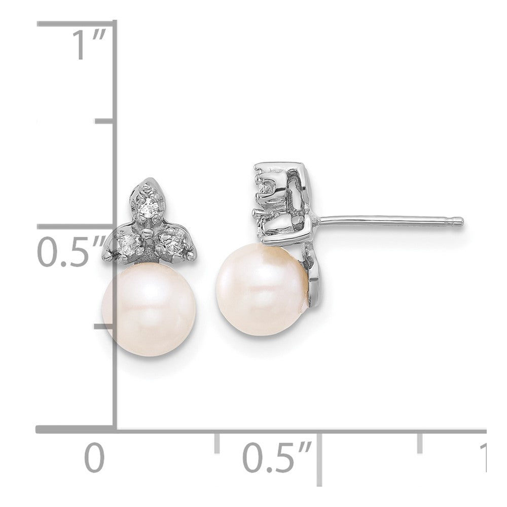 14K White Gold 5-6mm White Round Freshwater Cultured Pearl .06 Carat Diamond Post Earrings
