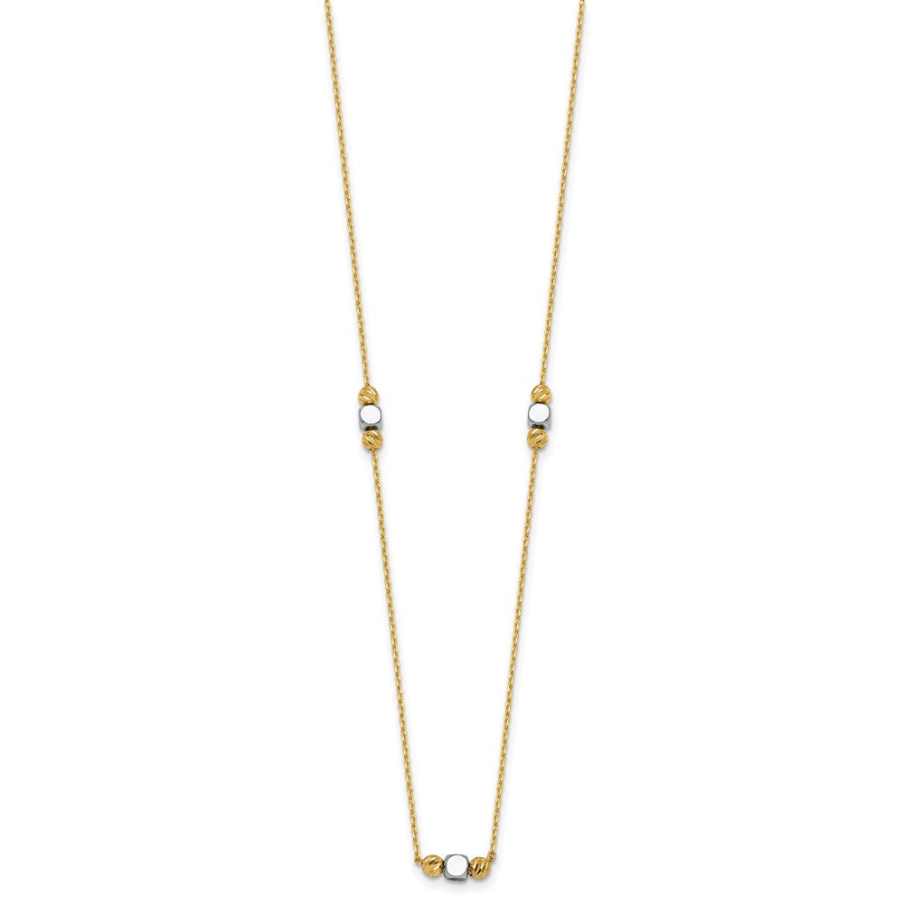 14K Two-Tone Gold Polished Diamond-cut and Square Bead 5-Station 16 Inch Necklace Plus 2 Inch Extender