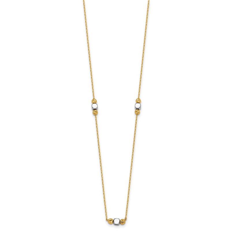 14K Two-Tone Gold Polished Diamond-cut and Square Bead 5-Station 16 Inch Necklace Plus 2 Inch Extender
