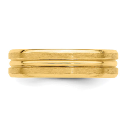 14K Yellow Gold 6mm Standard Weight Comfort Fit Brushed Satin with Center Groove Wedding Band Ring