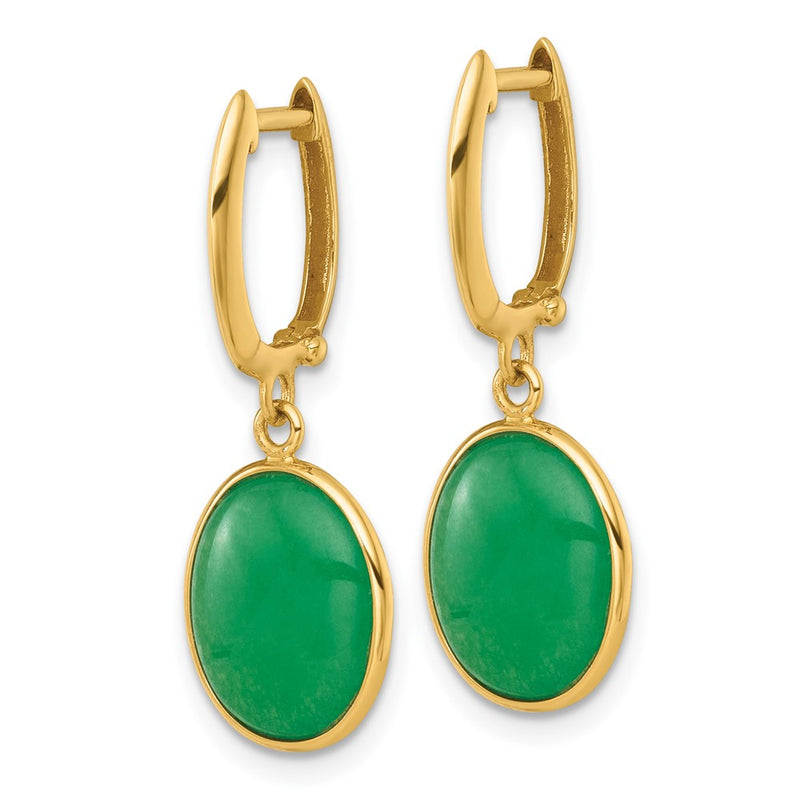 14K Yellow Gold Polished Oval Jade Cabochon Dangle Hinged Hoop Earrings