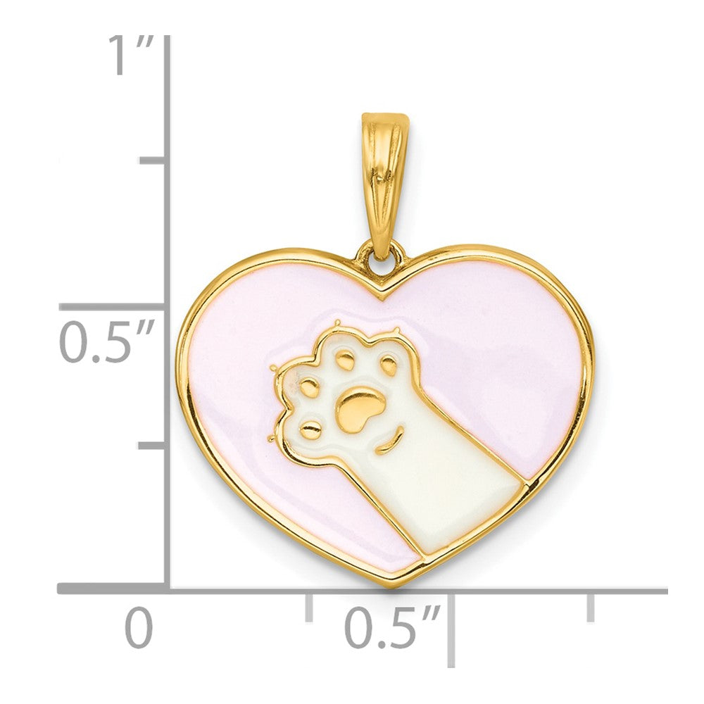 14K Yellow Gold Polished Enamel Paw In Pink Heart Charm