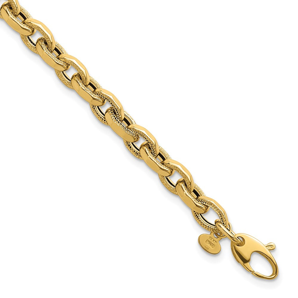 14K Yellow Gold Polished Fancy Textured Oval Open Link Chain Bracelet