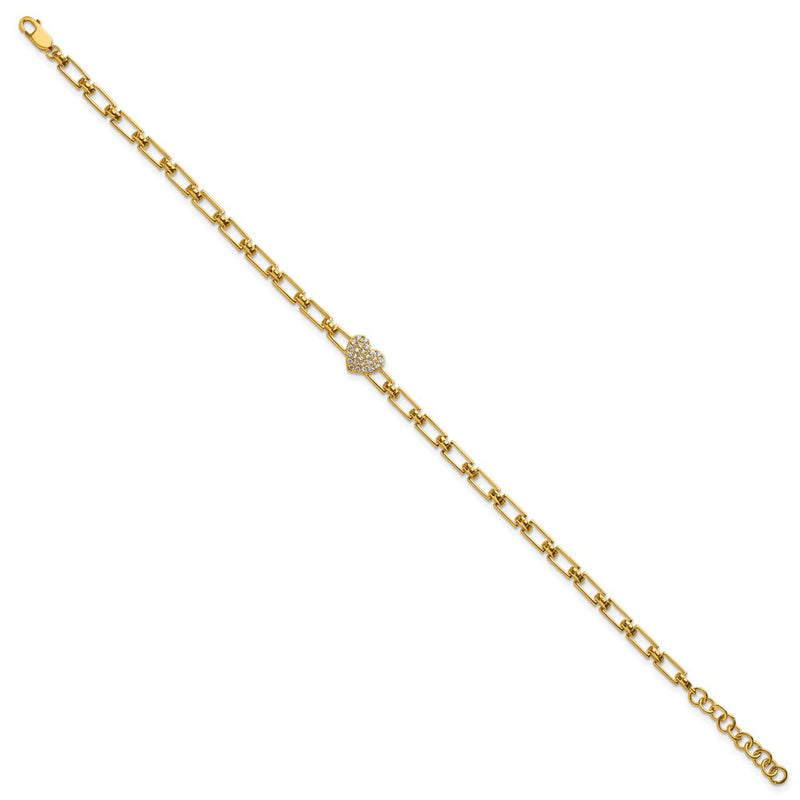 14K Yellow Gold Polished Complete 1/6 carat Diamond Heart Cluster Fancy Link 7 Inch Bracelet with 1 Inch Extender