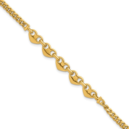 14K Yellow Gold Polished Five Hearts with Curb Link 7 Inch Bracelet