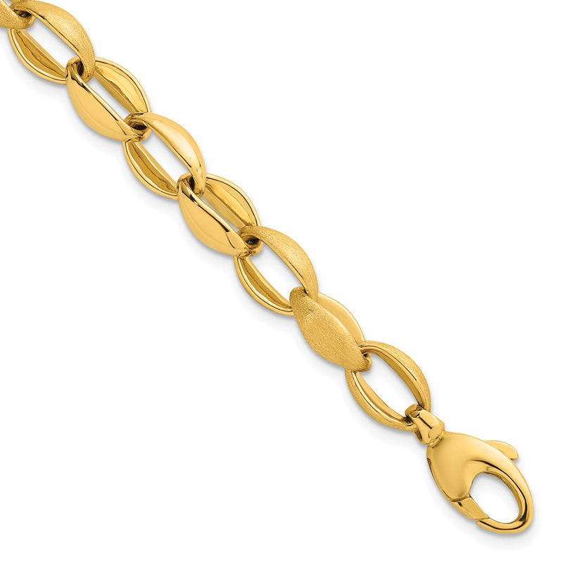 14K Yellow Gold Polished And Brushed 8.1mm Fancy Oval Cable Link 7.25 Inch Bracelet