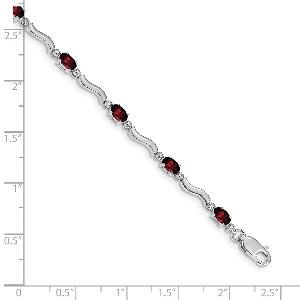 14K White Gold Complete Diamond and Oval Garnet Wavy Link 7 Inch Bracelet
