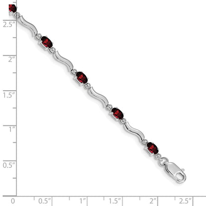 14K White Gold Complete Diamond and Oval Garnet Wavy Link 7 Inch Bracelet