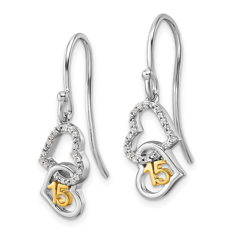 14K Two-Tone Gold Two-tone 1/10 carat Diamond Quinceanera 15 Double Heart Dangle French Hook Earrings