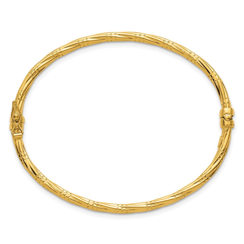 14K Yellow Gold Polished and Textured 2.90mm Twisted Hinged Oval Bangle Bracelet