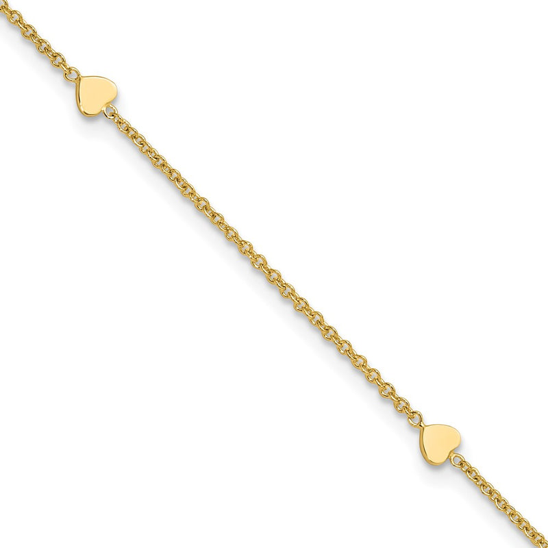14K Yellow Gold Polished Hearts 4-Station 10 Inch Plus 1 Inch Extender - Total 11 Inch Anklet