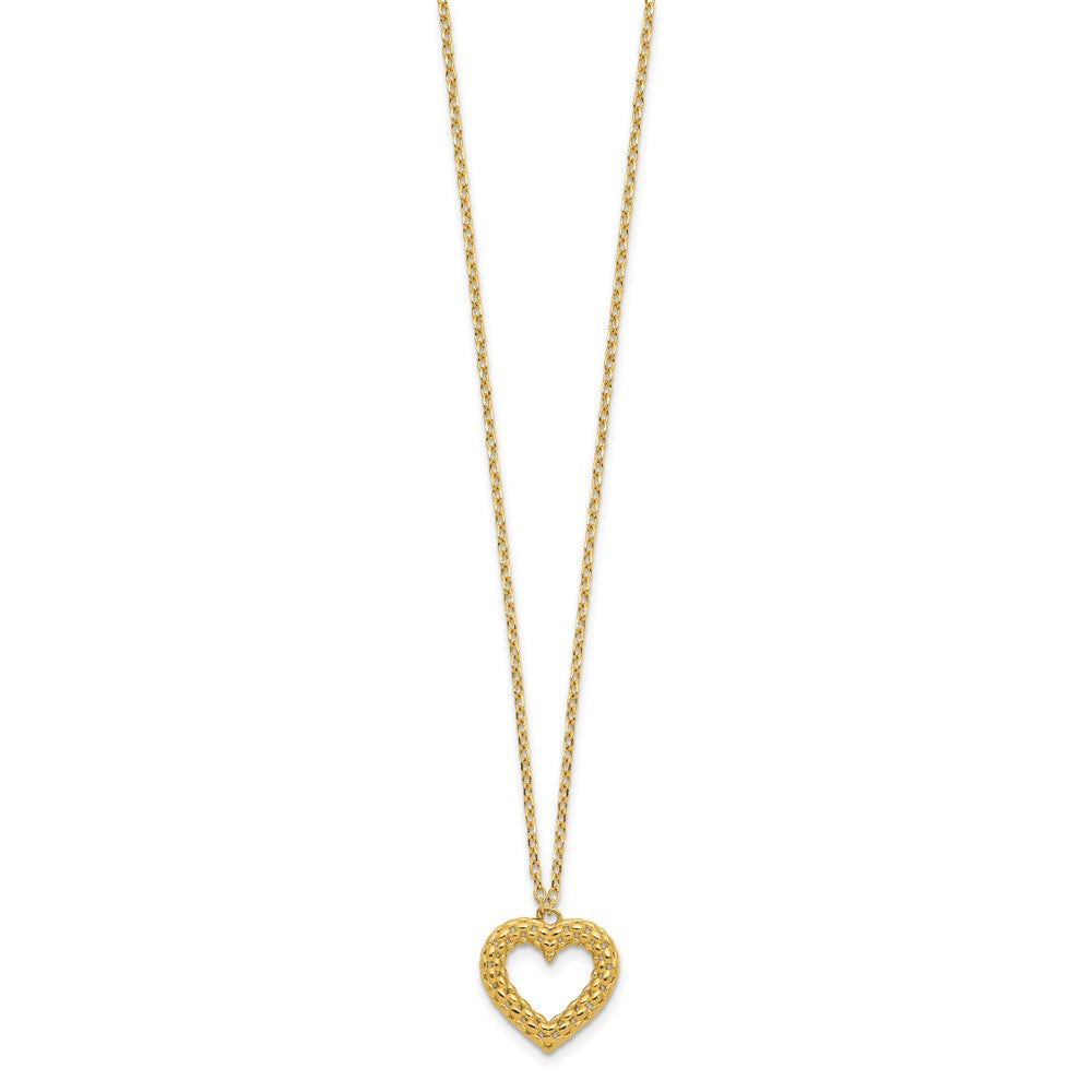 14K Yellow Gold Polished Textured Heart Pendant 18 Inch Necklace