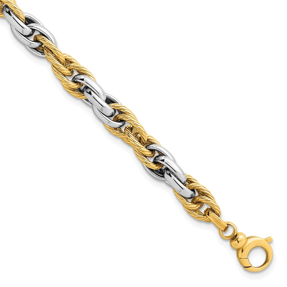14K Two-Tone Gold Two-tone Polished and Twisted 6.5mm Lightweight Fancy Rope Link Chain Bracelet