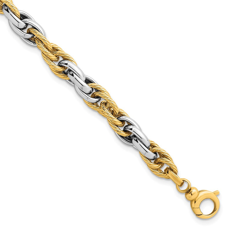 14K Two-Tone Gold Two-tone Polished and Twisted 6.5mm Lightweight Fancy Rope Link Chain Bracelet