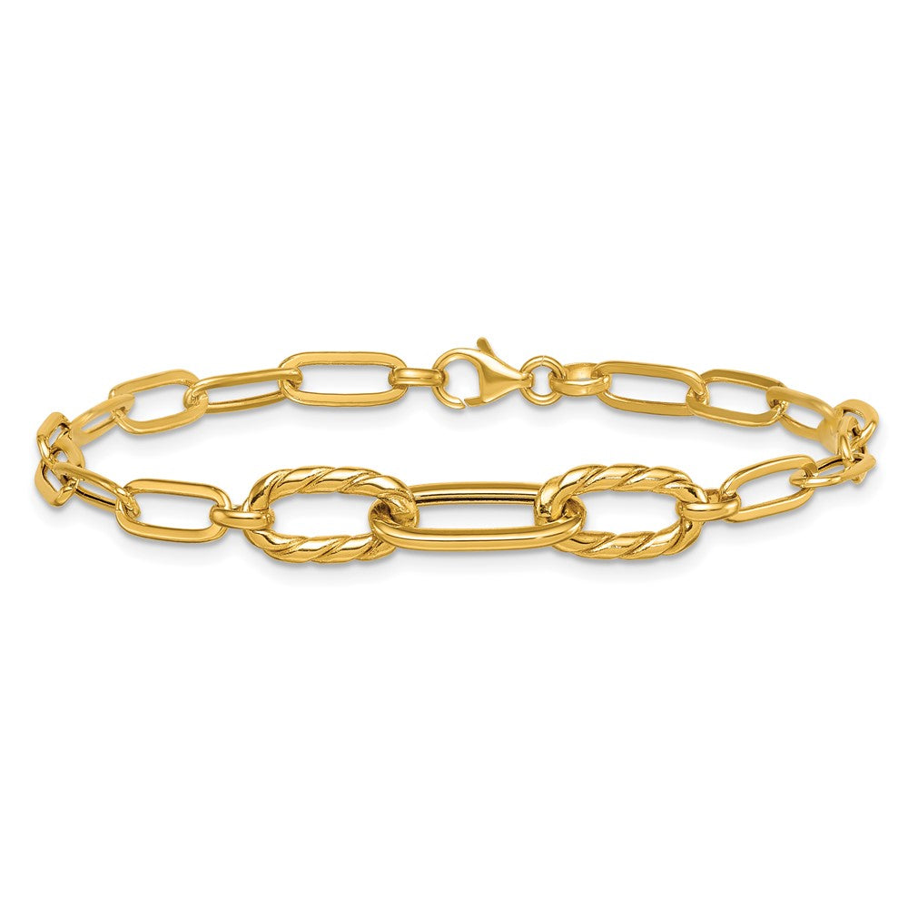 14K Yellow Gold Polished Fancy Oval and Twisted Link 7.5 Inch Paperclip Bracelet