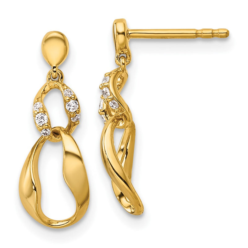 14K Yellow Gold Polished 1/15 carat Diamond Wavy Oval Dangle Post Earrings