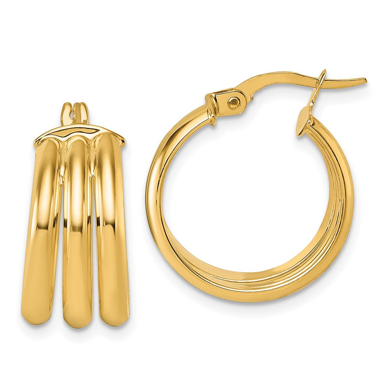 14K Yellow Gold Polished Triple Row 8.00mm x 18mm Tube Round Hoop Earrings