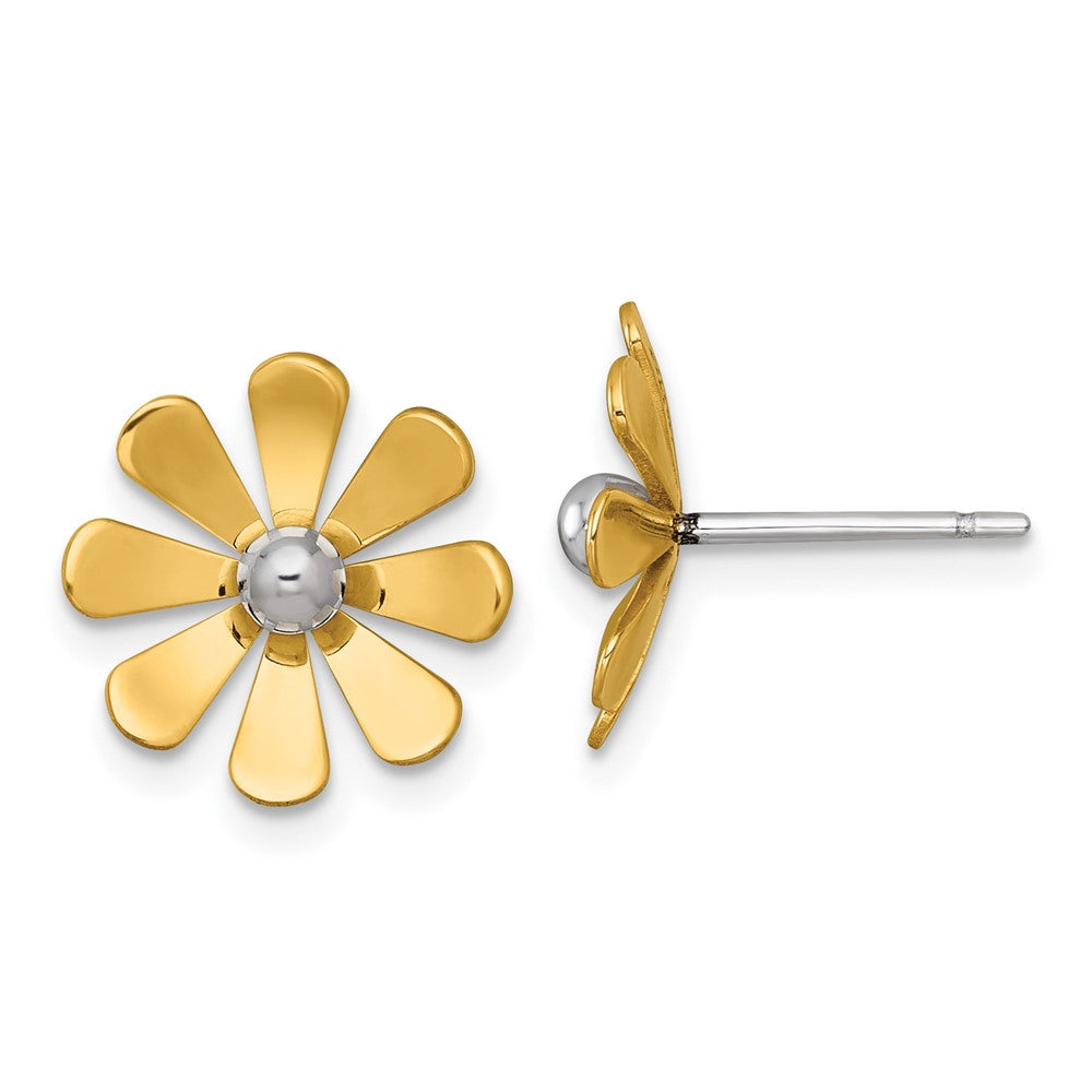 14K Yellow Gold Polished Daisy with Rhodium Center Post Earrings