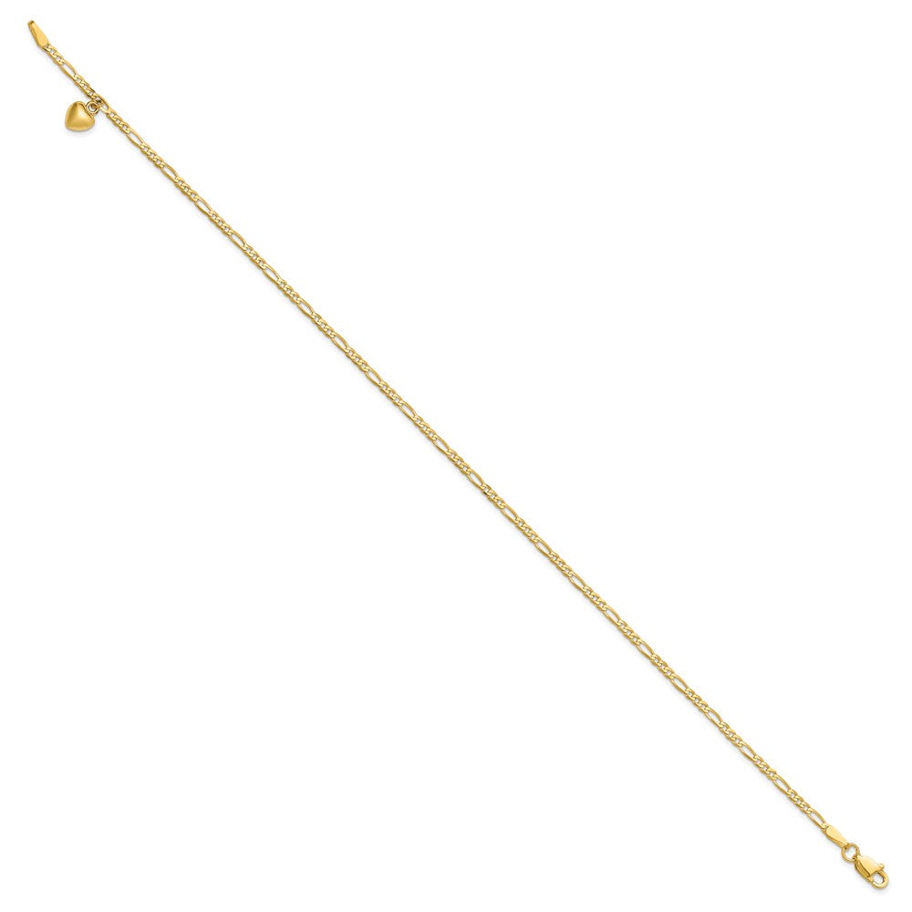 14K Yellow Gold Figaro Link Chain with Dangling Puffed Heart Anklet