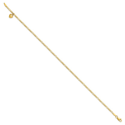 14K Yellow Gold Figaro Link Chain with Dangling Puffed Heart Anklet