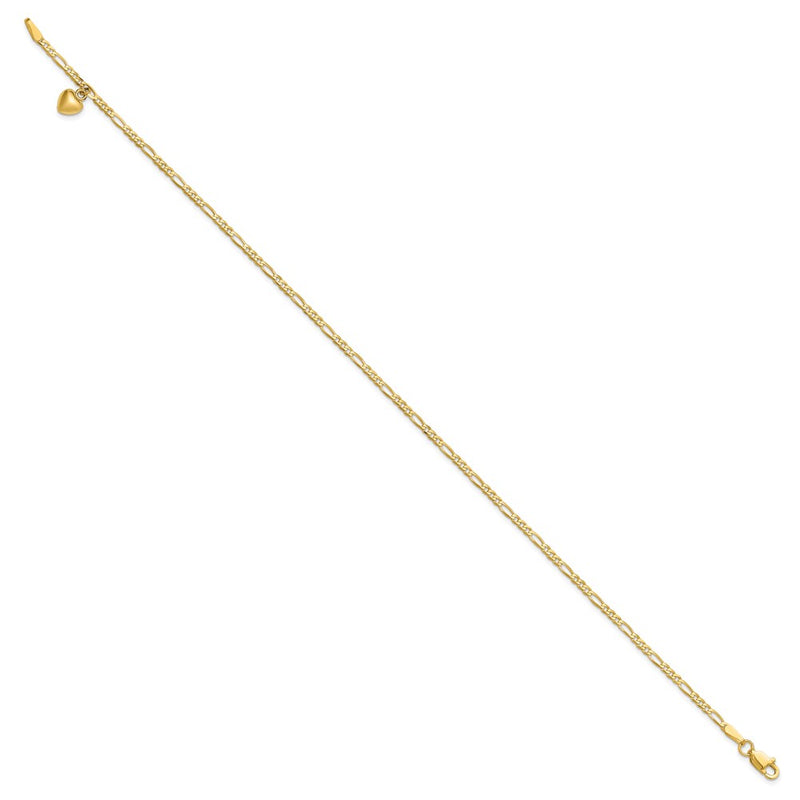 14K Yellow Gold Figaro Link Chain with Dangling Puffed Heart Anklet