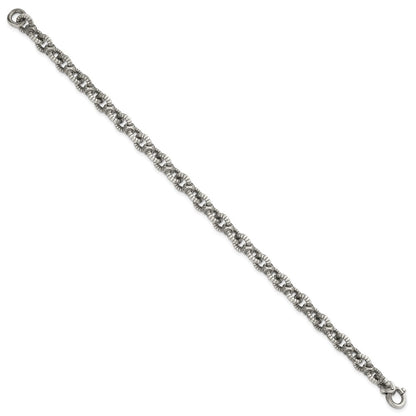 Sterling Silver Black Ruthenium-plated Brushed Fancy Textured Cable Link Mens Chain Bracelet