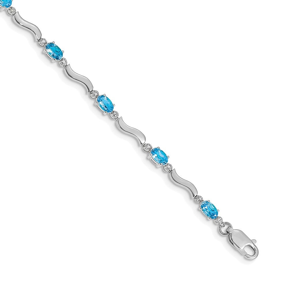 14K White Gold Complete Diamond and Oval Swiss Blue Topaz Wavy Link 7 Inch Bracelet