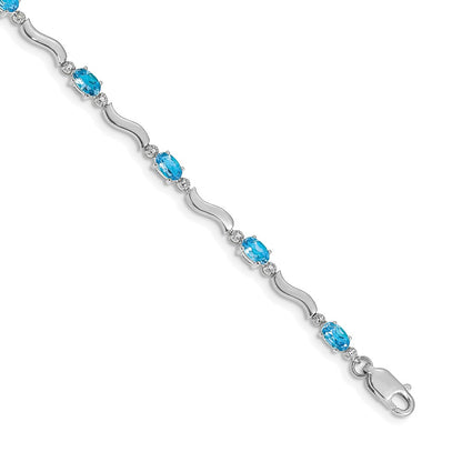 14K White Gold Complete Diamond and Oval Swiss Blue Topaz Wavy Link 7 Inch Bracelet