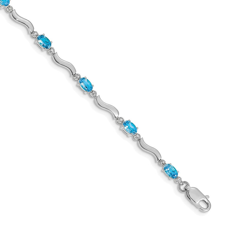 14K White Gold Complete Diamond and Oval Swiss Blue Topaz Wavy Link 7 Inch Bracelet