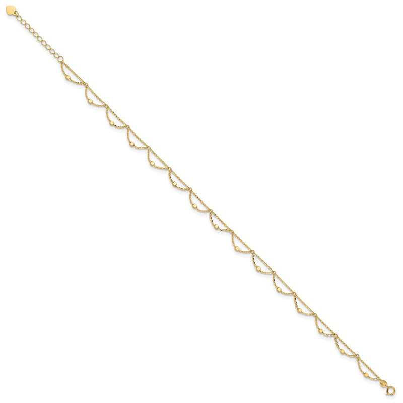 14K Yellow Gold Diamond-cut Fancy Beaded Plus Extender Total Chain Anklet