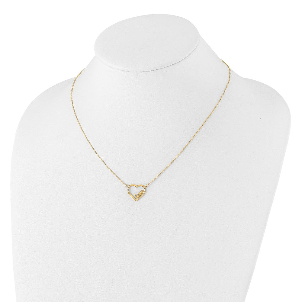 14K Yellow Gold Polished Open Heart with LOVE Inside 17 Inch Necklace Plus 0.5 Inch Extender
