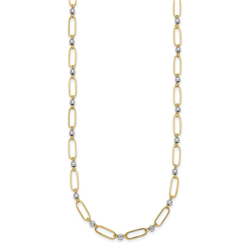 14K Two-Tone Gold Two-tone Polished Paperclip Links and Faceted Beads 18 Inch Necklace
