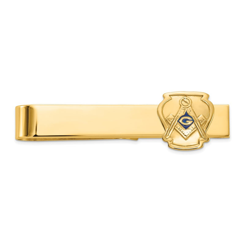 14K Yellow Gold Men's Polished and Textured with Blue Enamel Masonic Large Tie Bar