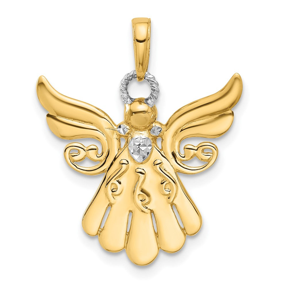 14K Yellow Gold and Rhodium Diamond-cut Angel Pendant
