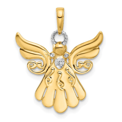 14K Yellow Gold and Rhodium Diamond-cut Angel Pendant