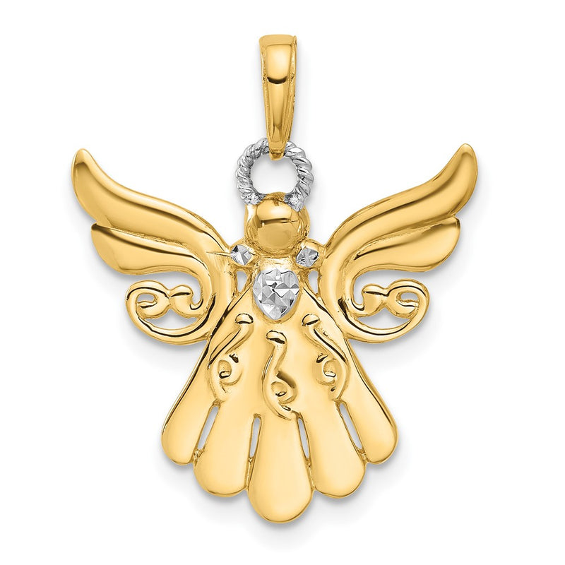 14K Yellow Gold and Rhodium Diamond-cut Angel Pendant