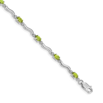 14K White Gold Complete Diamond and Oval Peridot Wavy Link 7 Inch Bracelet