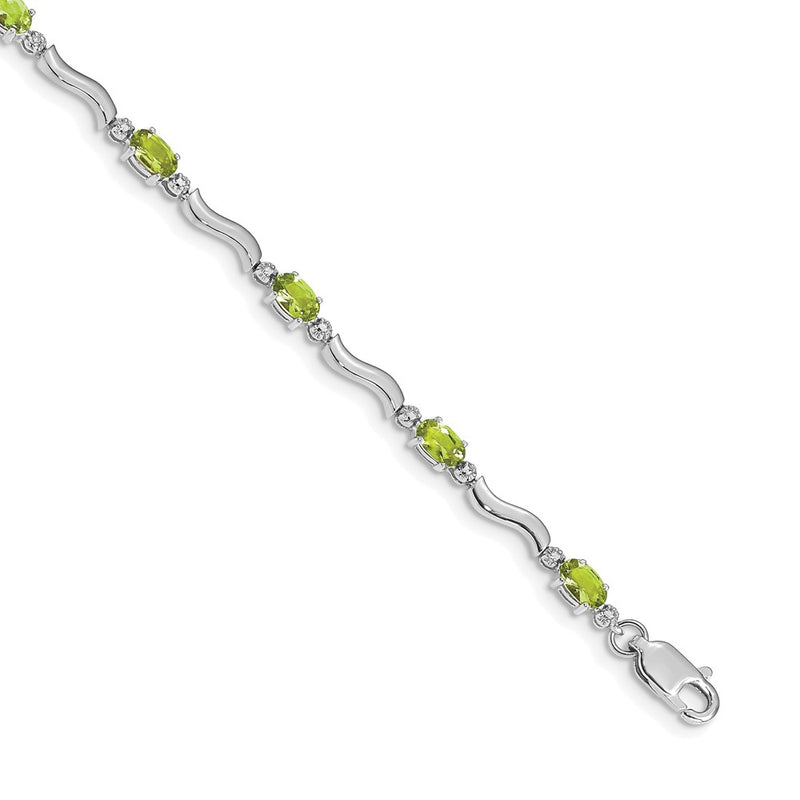 14K White Gold Complete Diamond and Oval Peridot Wavy Link 7 Inch Bracelet
