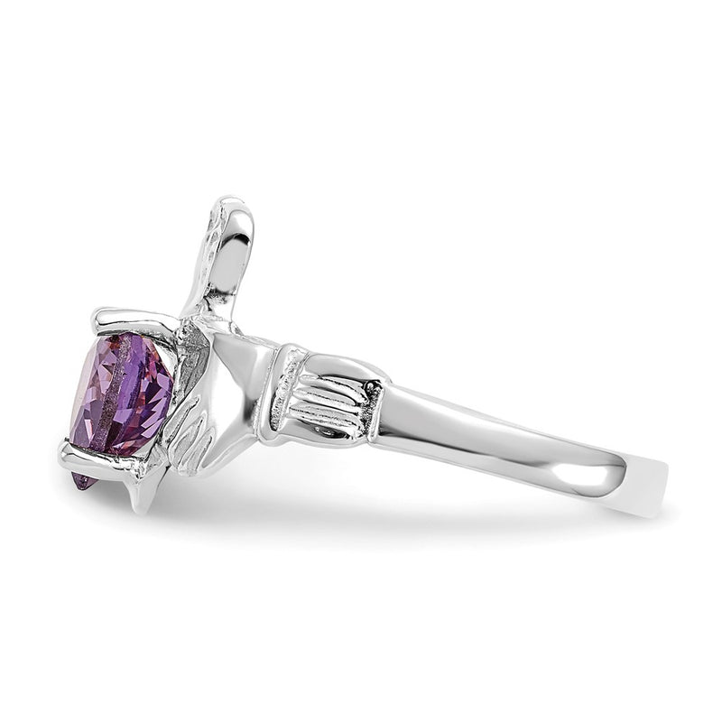 14K White Gold February CZ Heart Birthstone Claddagh Ring