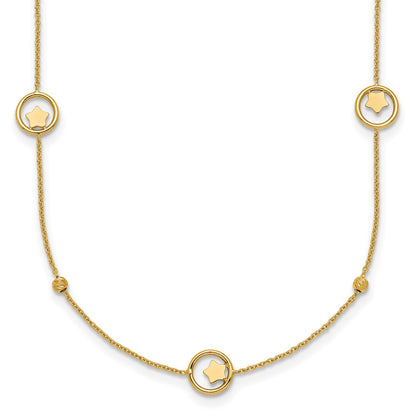 14K Yellow Gold Polished Stars in Circle with Diamond-cut Beads 7-Station 16.75 Inch Necklace