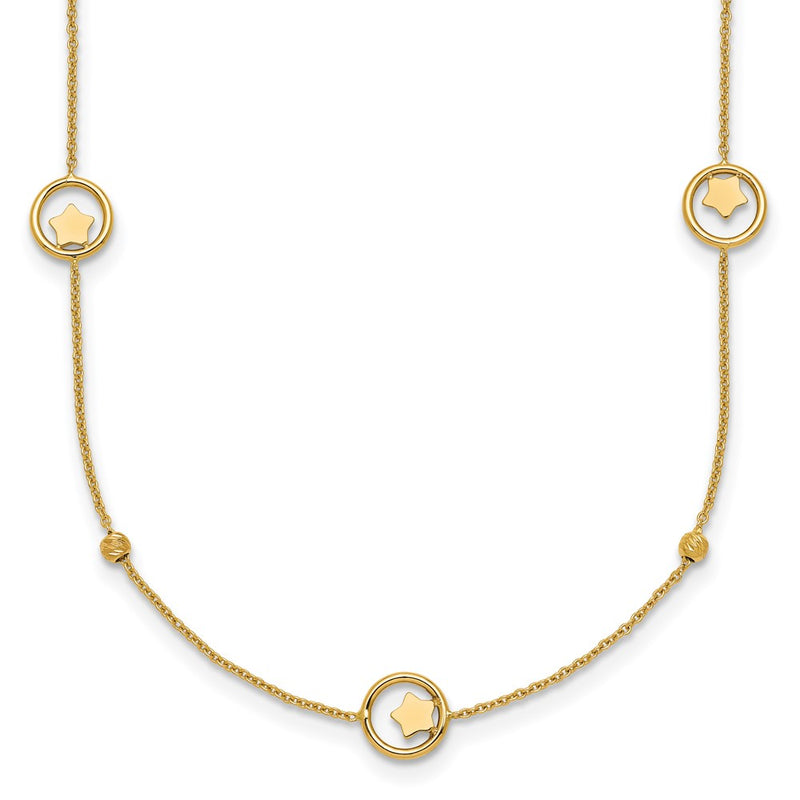 14K Yellow Gold Polished Stars in Circle with Diamond-cut Beads 7-Station 16.75 Inch Necklace